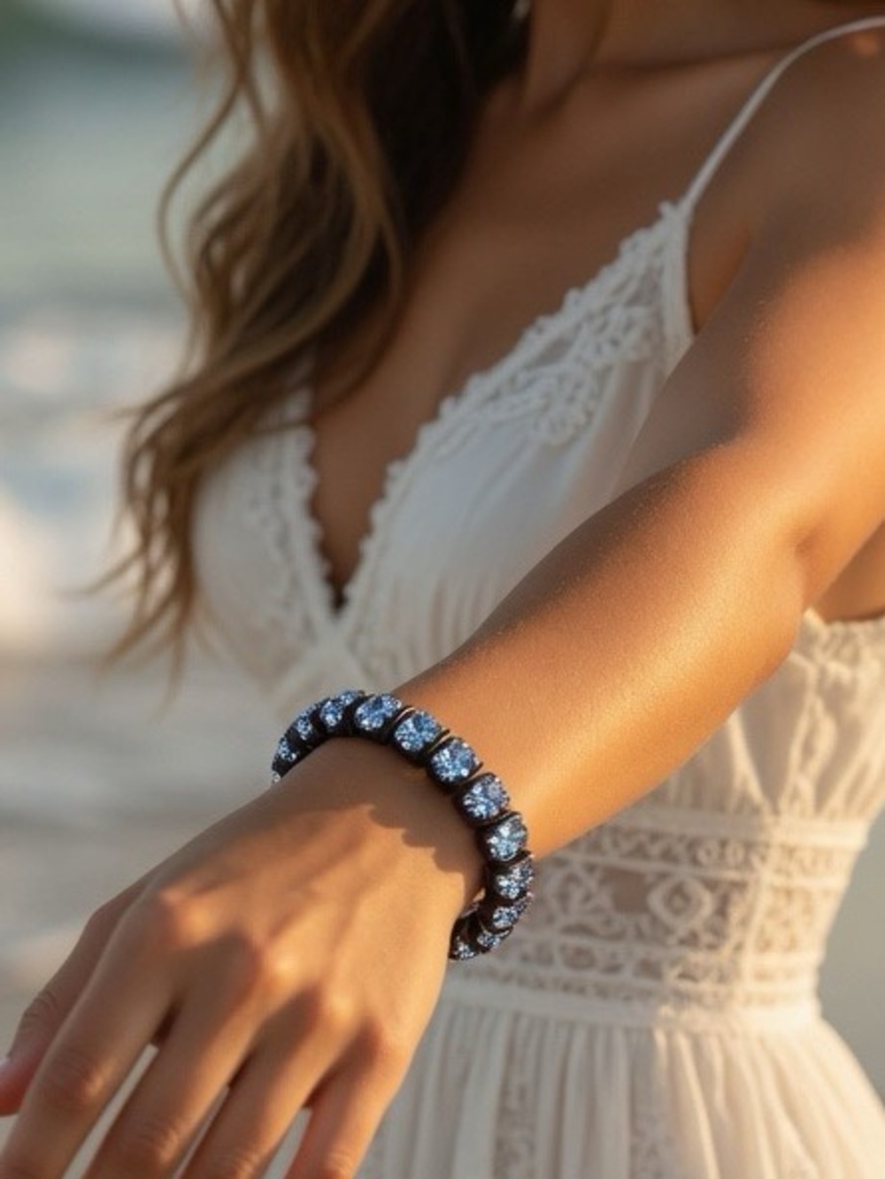 Fossil Sky Blue Crystals with Leather Wrapped Bracelet Button Closure - Picture 4 of 16